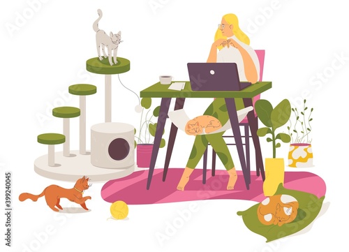 Freelancer working from home with cats. Scratching post and furniture for kittens. Woman with laptop smiling, vector interior scene isolated on white.