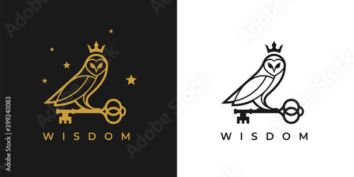 Owl with key and crown logo icon. Concept wisdom symbol. knowledge sign. Vector illustration.