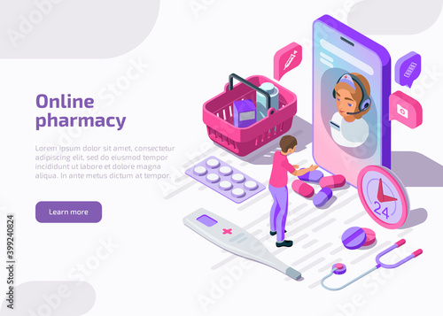 Online pharmacy isometric banner with shopping bag, tablets, apothecary. Pharmacist help patient via smartphone application on mobile device. Telehealth, healthcare or medical support services concept