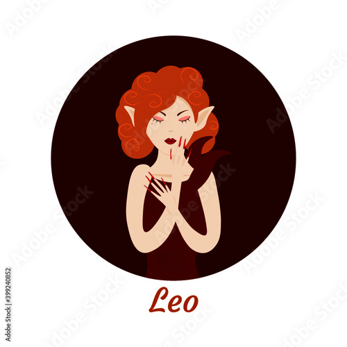 Leo zodiac sign. An elf with curly red hair, red lipstick and a mole under her eye.
