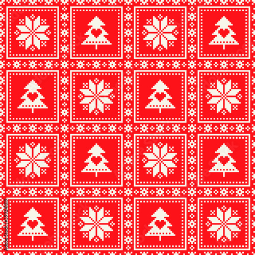 Winter Holiday Pixel Checkered Pattern. Christmas Star and Christmas Tree Seamless Squared Ornament. Vector Scheme for Knitted Sweater Pattern Design. Patchwork Quilt Imitation.