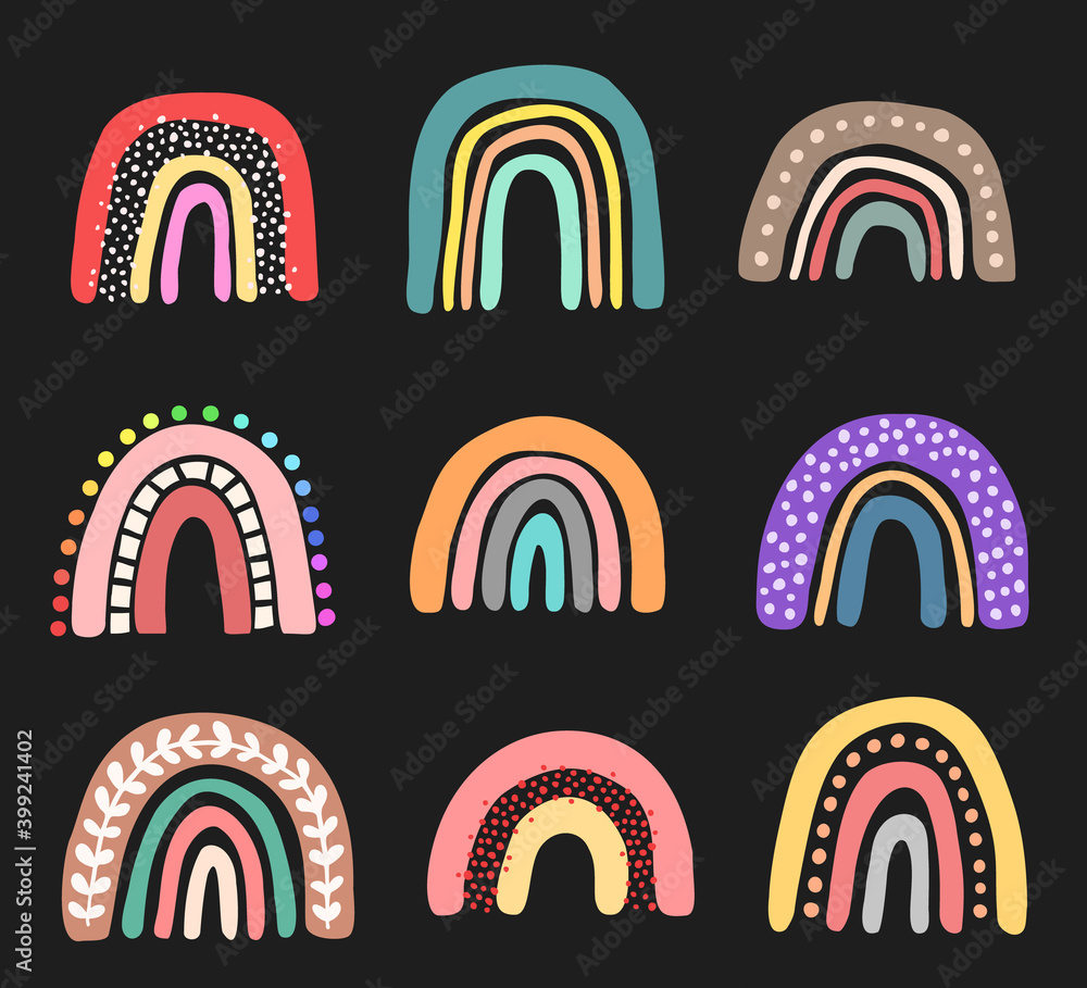 Vector rainbow set, isolated on black background. Cute hand drawn colorful rainbows. Vector rainbow set, isolated on black background. Cute hand drawn colorful rainbows.