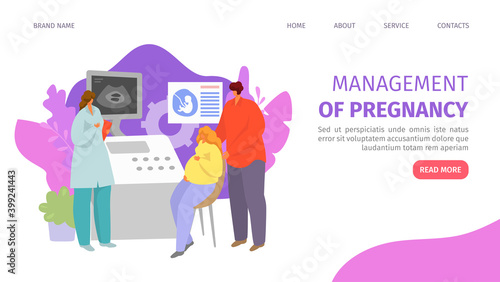 Doctor with pregnant woman, cartoon clinic for pregnancy vector illustration. Medical appointment with people character landing page banner. Parent before child birth, person treatment.