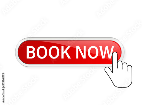 Book now, great design for any purposes. Illustration, vector. Vector background. Hand click icon.