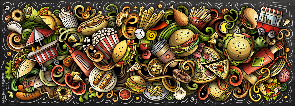 Fastfood hand drawn cartoon doodles illustration. Colorful raster banner Fastfood hand drawn cartoon doodles illustration. Colorful raster banner