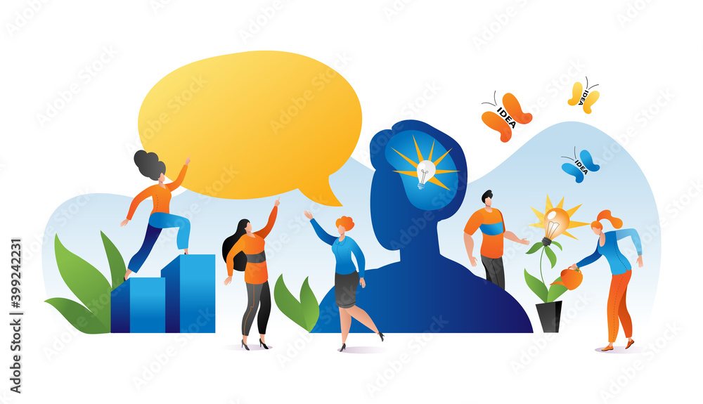 Business people communication, speech bubble about idea vector illustration. Office team group meeting, person conversation in teamwork. Man woman charcater at success company design.