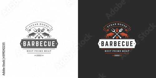 Barbecue logo vector illustration grill steak house or bbq restaurant menu emblem bulls silhouette