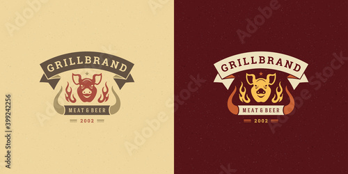 Barbecue logo vector illustration grill steak house or bbq restaurant menu emblem pig head silhouette