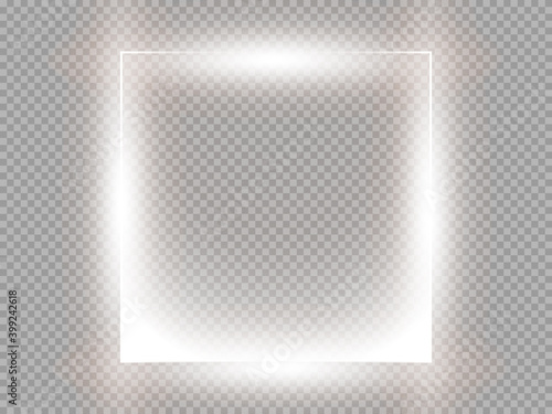 Silver shining square banner. sparkling glowing light effect. Glitter magic square frame on dark transparent background. Vector illustration.