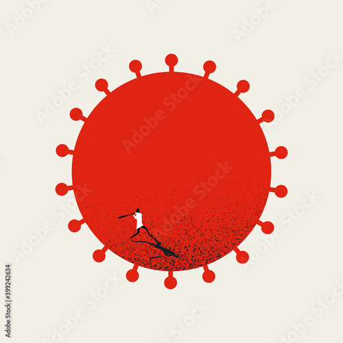 Fight against coronavirus and covid-19 vector concept. Doctor hits with baseball bat. Medical illustration.