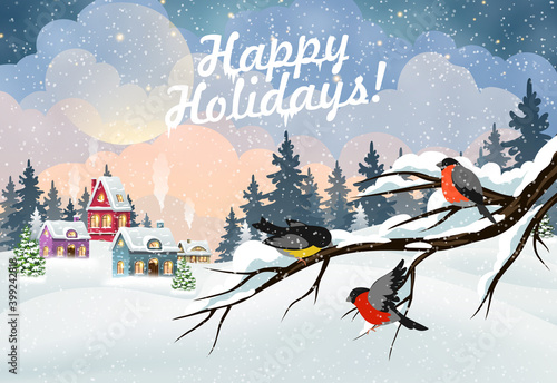 Winter Christmas village and bullfinches on a branch