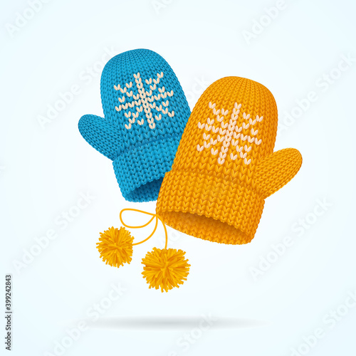 Realistic Detailed 3d Knitted Woolen Mittens Set. Vector