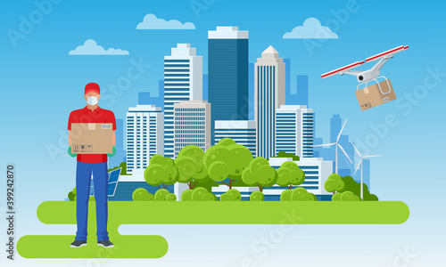 Delivery drone with the cardboard box flying over the town. Quadcopter carrying a package to customer. Technological shipment innovation. Drone delivery service .