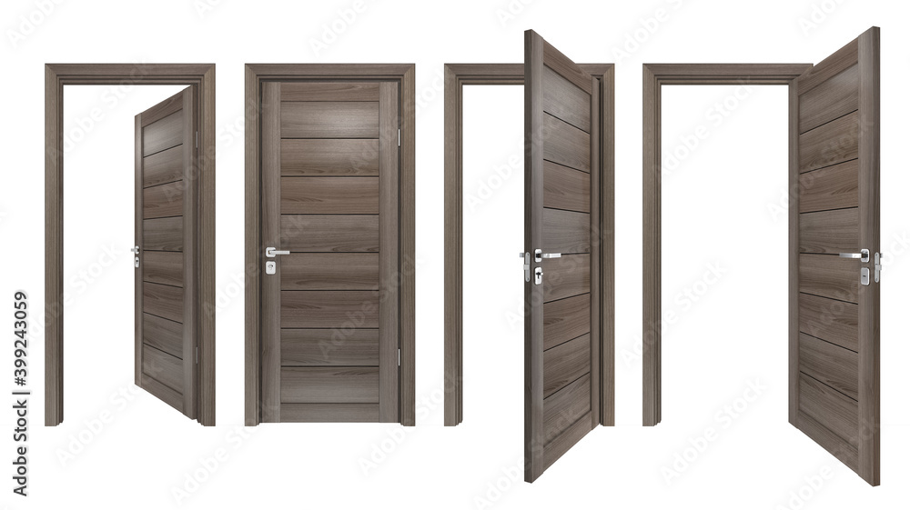 Set of modern, solid hard wood, single, 3D realistic entrances. Front view of closed and open intside, outside doors with grey oak wooden planks Set of modern, solid hard wood, single, 3D realistic entrances. Front view of closed and open intside, outside doors with grey oak wooden planks