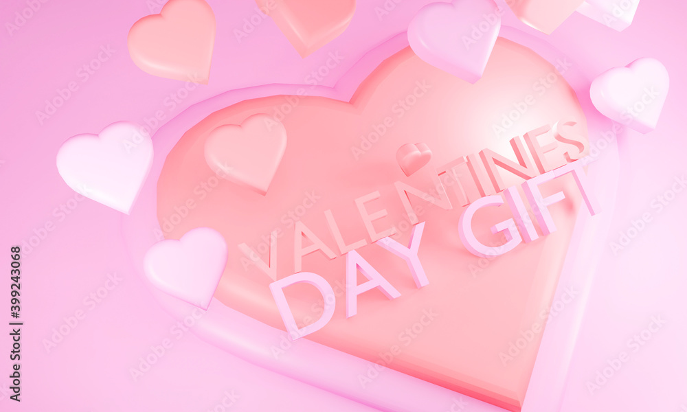 Studio with pink hearts and letters, symbol of love. Holiday greeting card for Valentine's Day - 3d illustration.