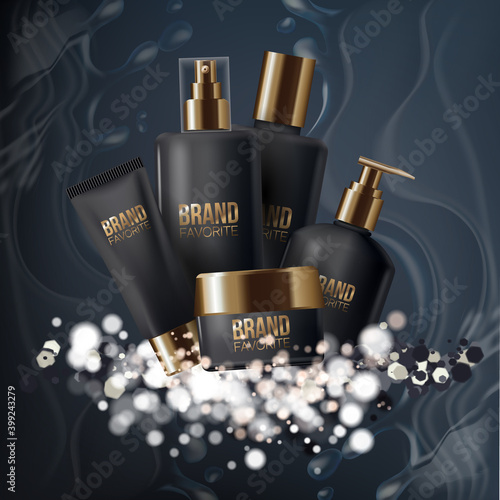 Cosmetics product ads poster template. Cosmetic layout design. Various containers for cosmetic products, cream, soap, shampoo, spray. Bright black design for advertising. 3d vector.