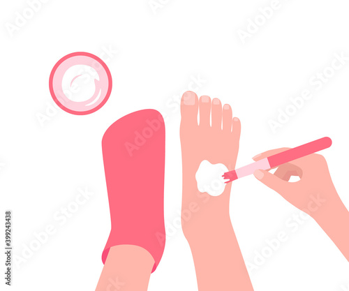 Mask for legs. Lubricate your feet with cream and put on a sock. Woman feet skin care. Caring foot treatment. Vector illustration