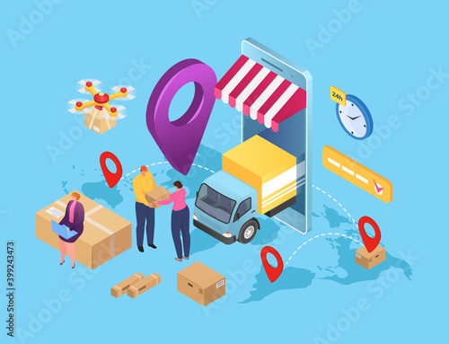 Isometric delivery service, cargo package parcel in box, vector illustration. Business shipping, truck transportation design concept. Logistic van for fast express order graphic background.