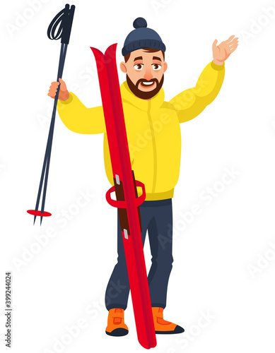 Joyful man with skis. Male character in cartoon style.