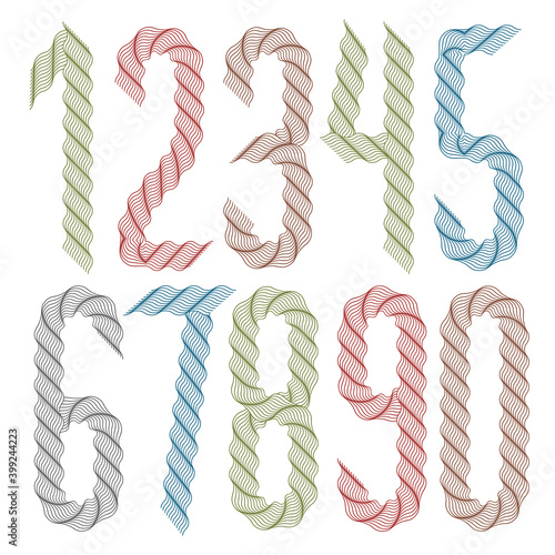Set of vector tall numbers from 0 to 9, created with guilloche ornate, art ribbon. Can be used as award design elements.