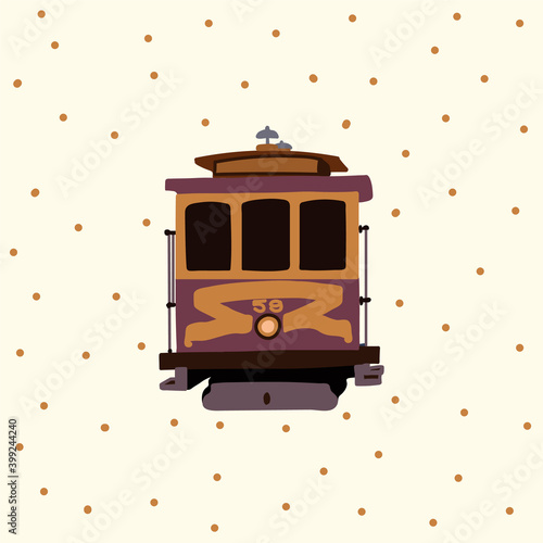 Retro tram poster. Vintage American Tramcar urban transport. Streetcar electric cars in the States postcard in the city. Transport poster for the United States, perfect for issuing a travel ticket