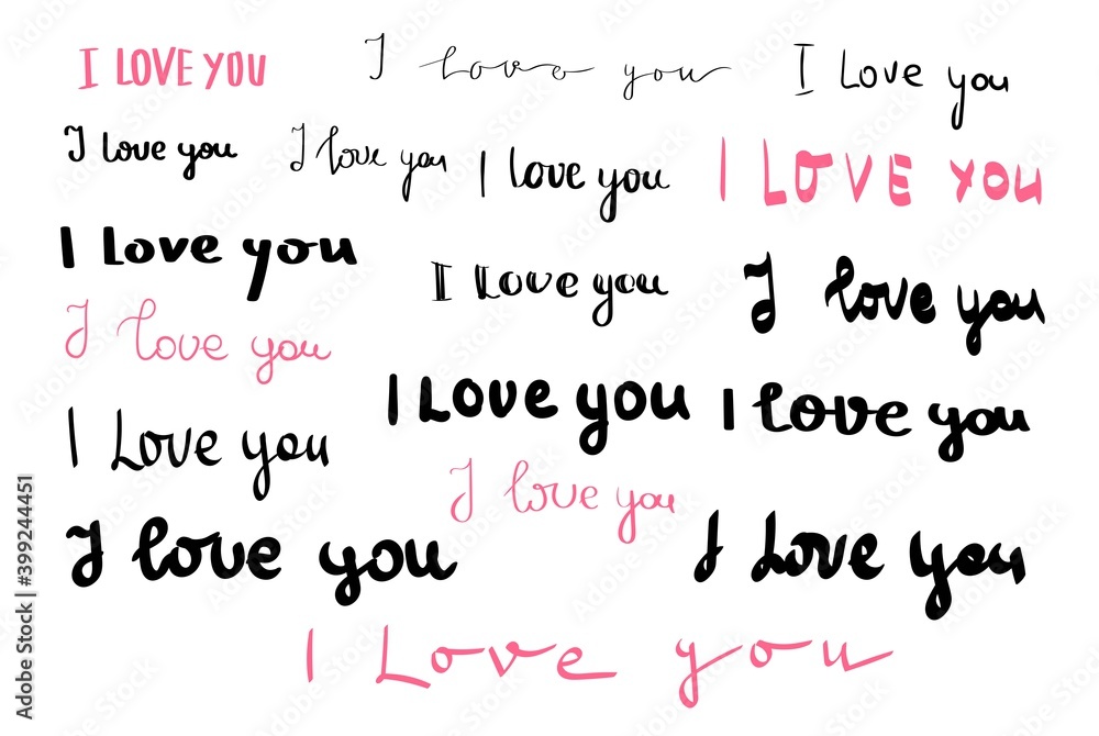 Set of Hand drawn lettrings I love you. Black and pink quotes isolated on white background