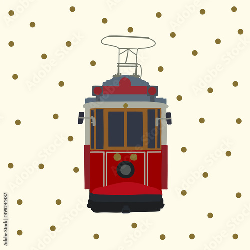 Retro tram card. Old red Turkish motor transport of the city. Tramcar for city trips. Electric cars Streetcar in the States postcard in the city for traveling the streets. Transport poster is ideal