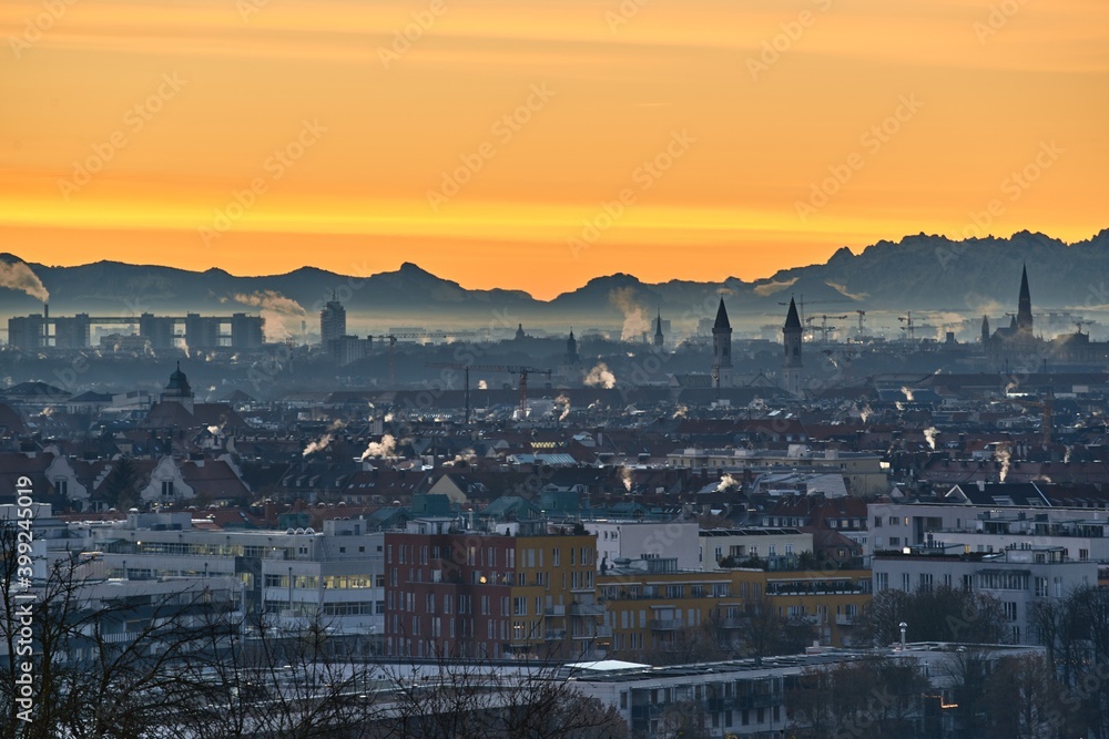 Sunrise above Munich. Beautiful sunrise in Munich with view on the alps.