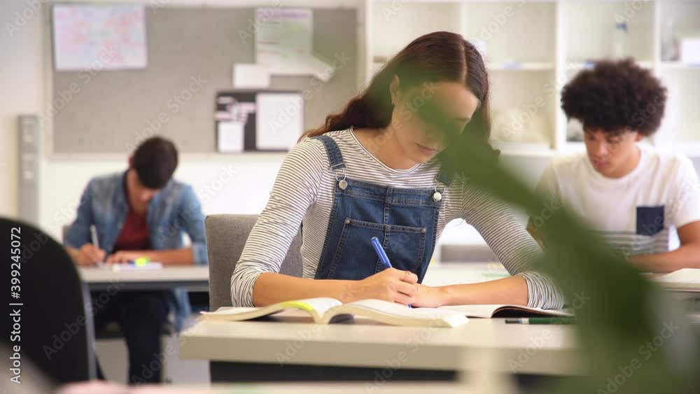 Happy college student smiling during lesson. Portrait of smart girl looking at camera while studying in high school. University young woman sitting at desk completing project and assignment. Happy college student smiling during lesson. Portrait of smart girl looking at camera while studying in high school. University young woman sitting at desk completing project and assignment.