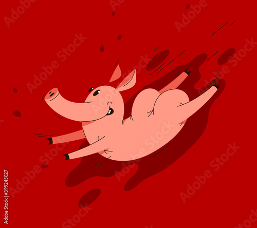 Funny cartoon pig slides on dirt vector illustration, activity happy enjoying animal swine character drawing.