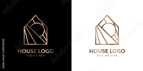 minimalist and elegant abstract line art house with moon or sun logo for real estate, construction, interior, exterior home decoration