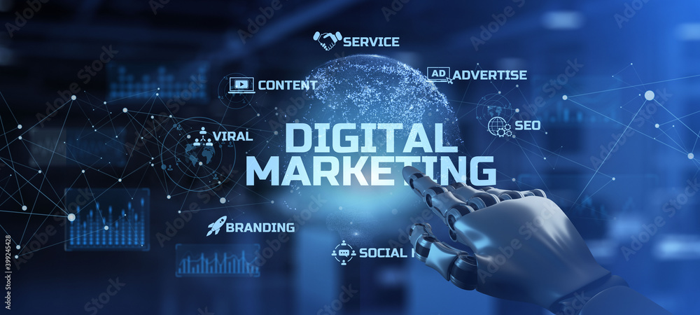 DIgital marketing Online advertising internet technology concept. Robotic arm 3d rendering. DIgital marketing Online advertising internet technology concept. Robotic arm 3d rendering.