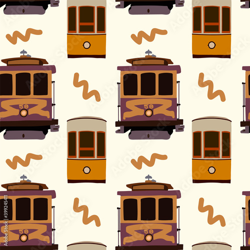 Old tram pattern. Yellow Tramcar vehicles for city trips. Streetcar electric cars in the States are a backdrop for traveling the streets. Transport backing is ideal for issuing a travel ticket. Cute