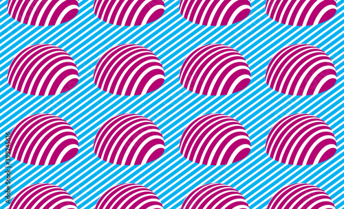 Hemispheres lined optical illusion seamless pattern, vector repeat tiling op art background, psychedelic 3D spheres and lines, wallpaper or print textile template.
