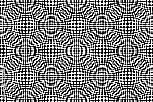 Optical illusion checkered vector abstract seamless background, black and white pattern, chess board tiles with psychedelic spherical volume, geometric checker op art.