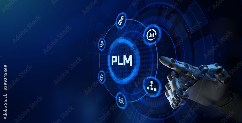 PLM Product lifecycle management system technology concept. Robotic arm 3d rendering.