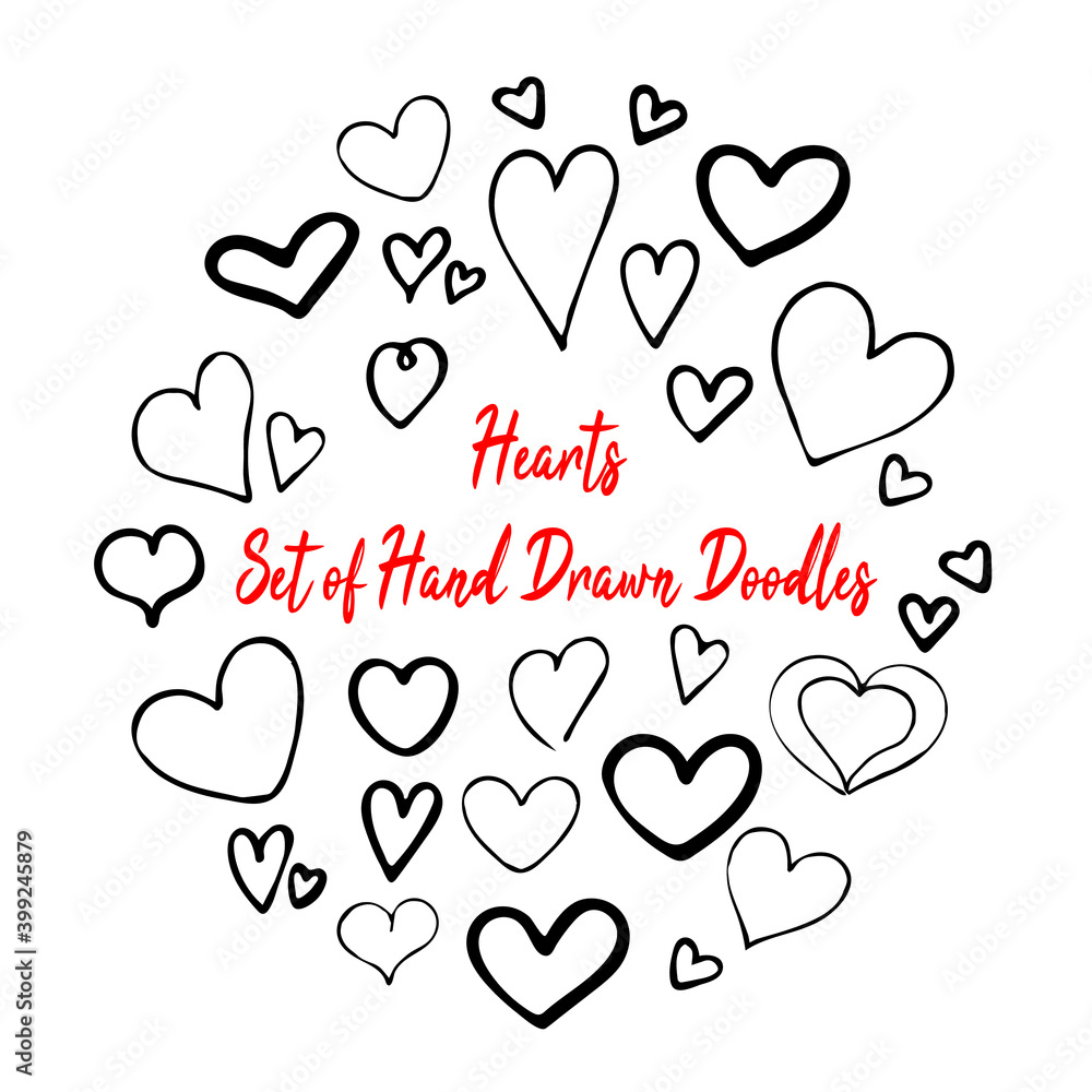 Hand drawn heart symbol doodle collection. Trendy vector illustration isolated on white. Romantic, Valentines day, love concept. Vintage frame. Clip art element collection