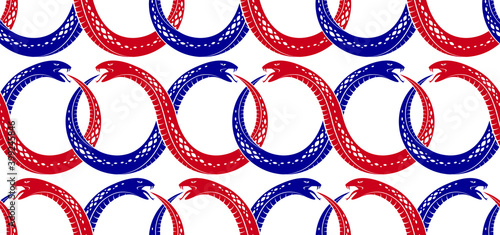 Repeat snakes seamless vector pattern, tiling endless background with venom reptiles in vintage style, subculture rock n roll and hard rock theme.