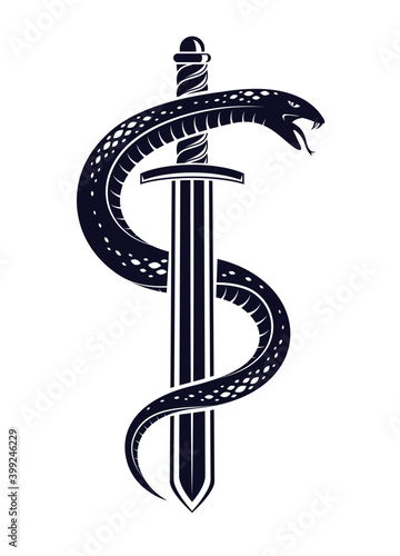 Snake and Dagger, Serpent wraps around a sword vector vintage tattoo, Roman god Mercury, luck and trickery, allegorical logo or emblem of ancient symbol.