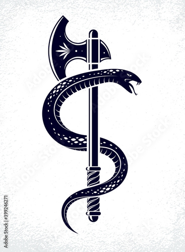Snake and axe vector vintage style logo or tattoo.