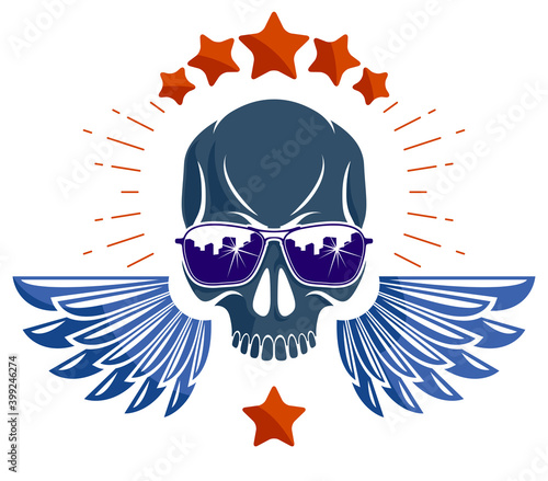 Skull in sunglasses and hat, urban theme vector logo or emblem, gangster or thug illustration, anarchy chaos hooligan, ghetto theme.