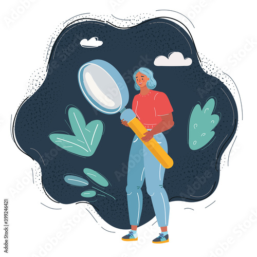 portrait of woman with looking through a magnifying glass against a grey background