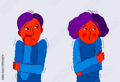 Scared young man and woman feeling uncomfortable vector illustration, phobia paranoia anxiety or other psychical and psychological problems concept, bad emotions.