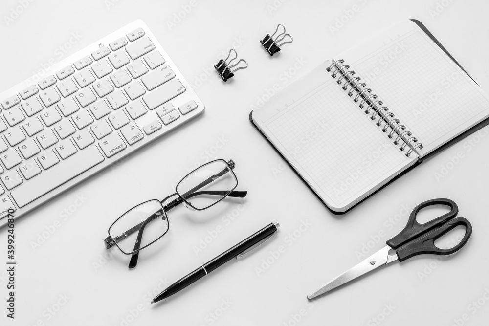Flat lay office table desk - workplace with laptop and office supplies Flat lay office table desk - workplace with laptop and office supplies