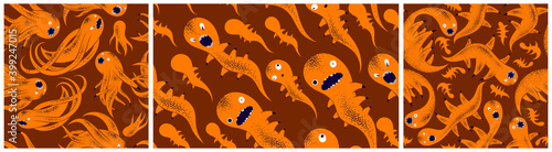 Scary horror monsters seamless vector textile pattern set  beasts creatures endless wallpaper  stylish background for Halloween theme  funny picture collection.