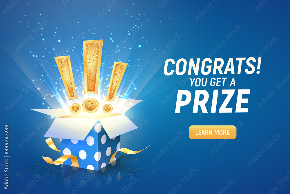 © Oleg - Opened textured blue box with exclamation signs explosion inside on a blue background. Winning gifts lottery vector illustration. Web banner with present © Oleg - Opened textured blue box with exclamation signs explosion inside on a blue background. Winning gifts lottery vector illustration. Web banner with present