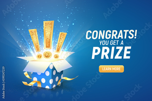 Opened textured blue box with exclamation signs explosion inside on a blue background. Winning gifts lottery vector illustration. Web banner with present