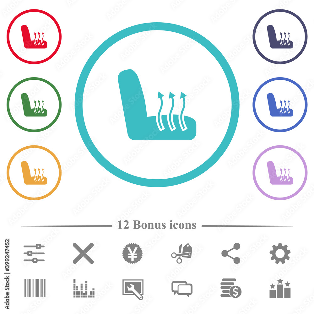 Car seat heating flat color icons in circle shape outlines Car seat heating flat color icons in circle shape outlines