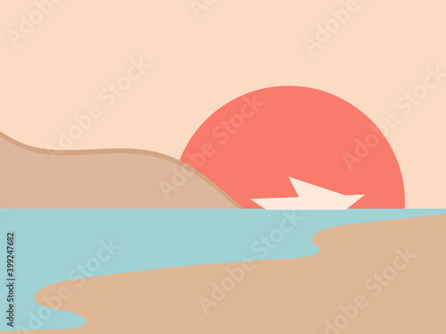 View of the sea bay in a minimalistic style. Contour of the yacht against the background of the sun. Boho decor for prints, posters and interior design. Mid Century modern decor. Vector illustration