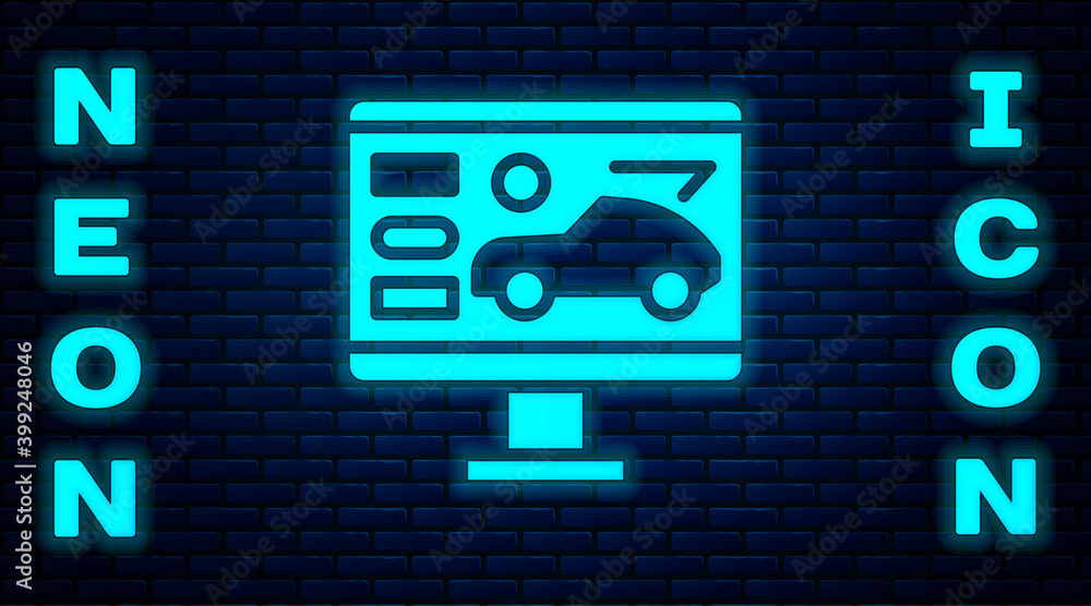 Glowing neon Hardware diagnostics condition of car icon isolated on brick wall background. Car service and repair parts. Vector Illustration. Glowing neon Hardware diagnostics condition of car icon isolated on brick wall background. Car service and repair parts. Vector Illustration.